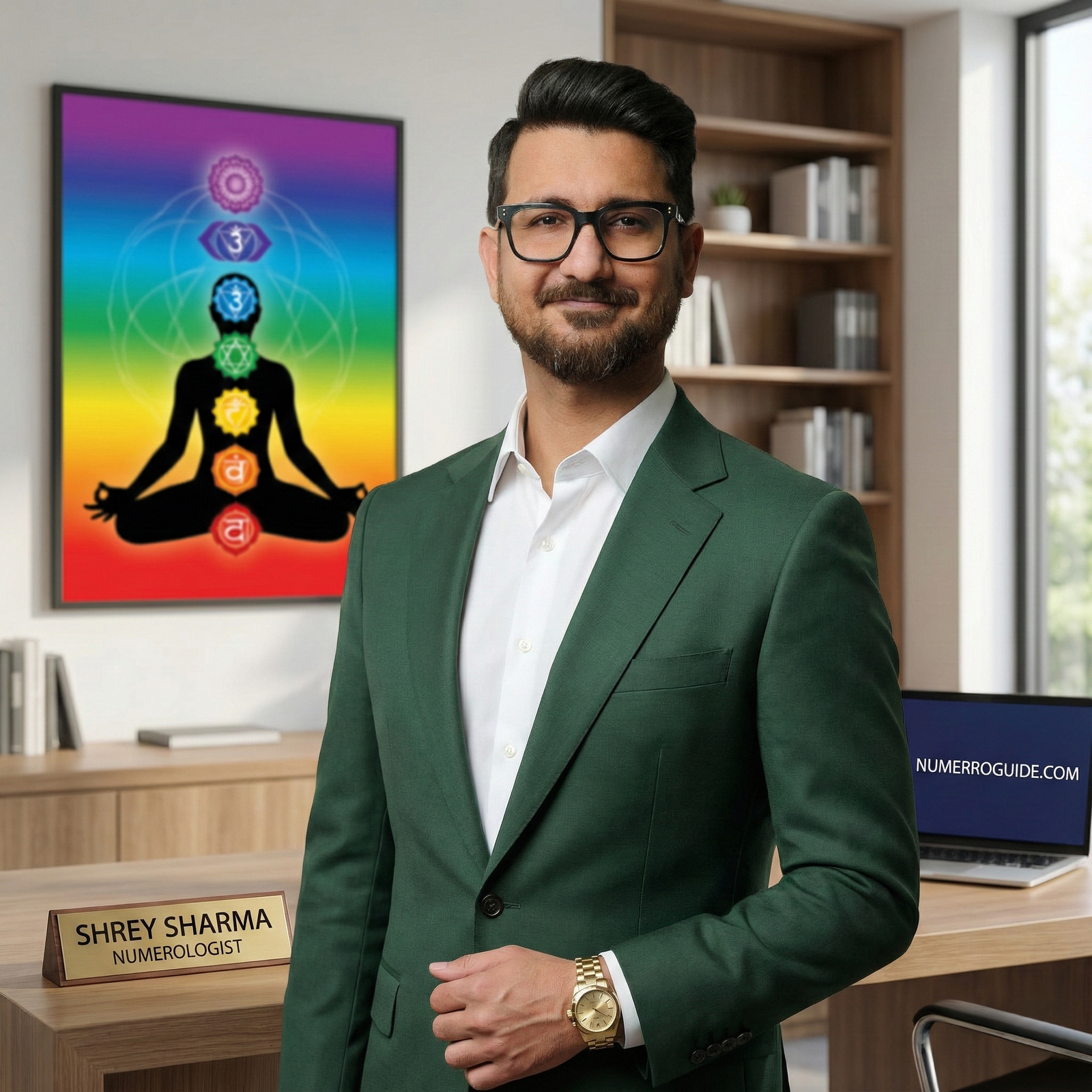 Shrey Sharma wearing a green blazer in the NumerroGuide office